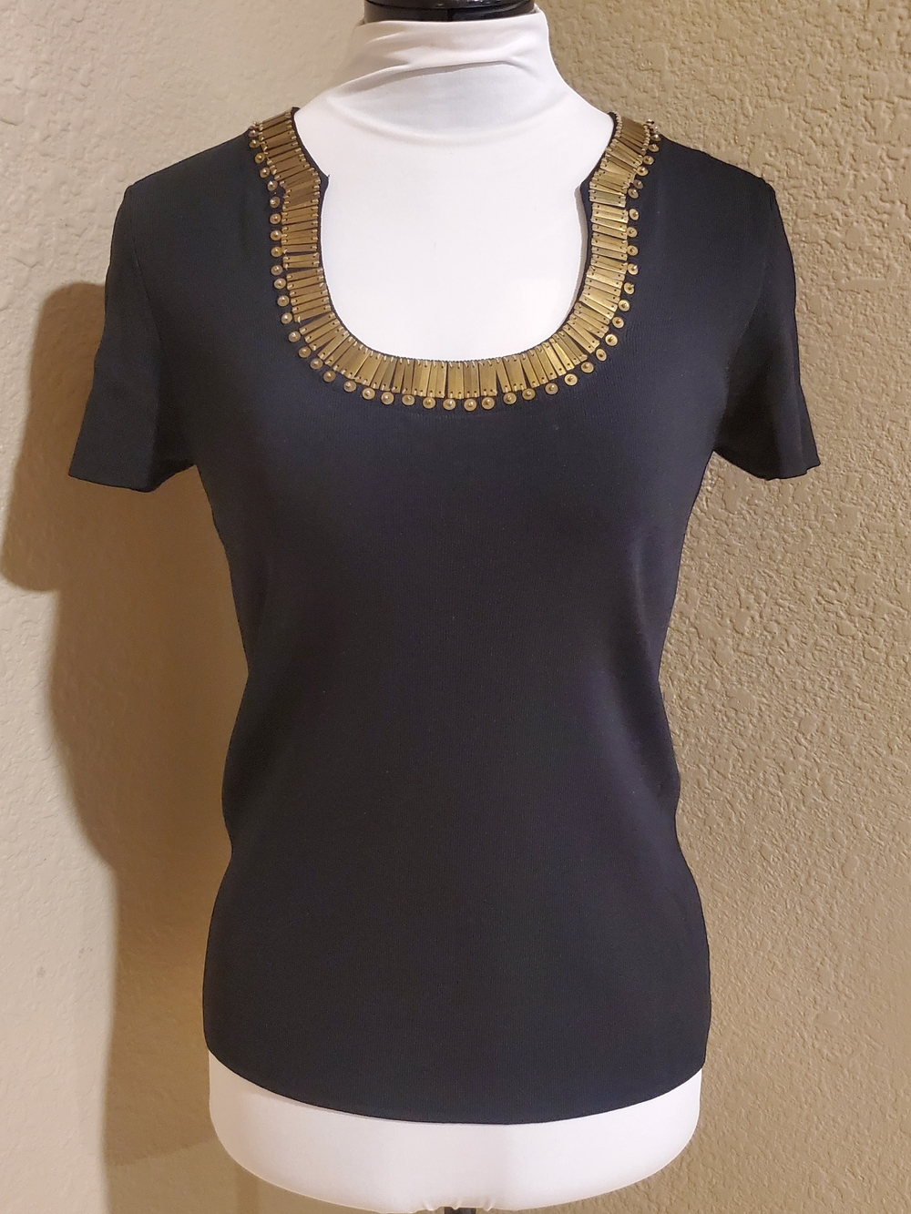 Black Short-Sleeve Top with Gold Trim Neckline